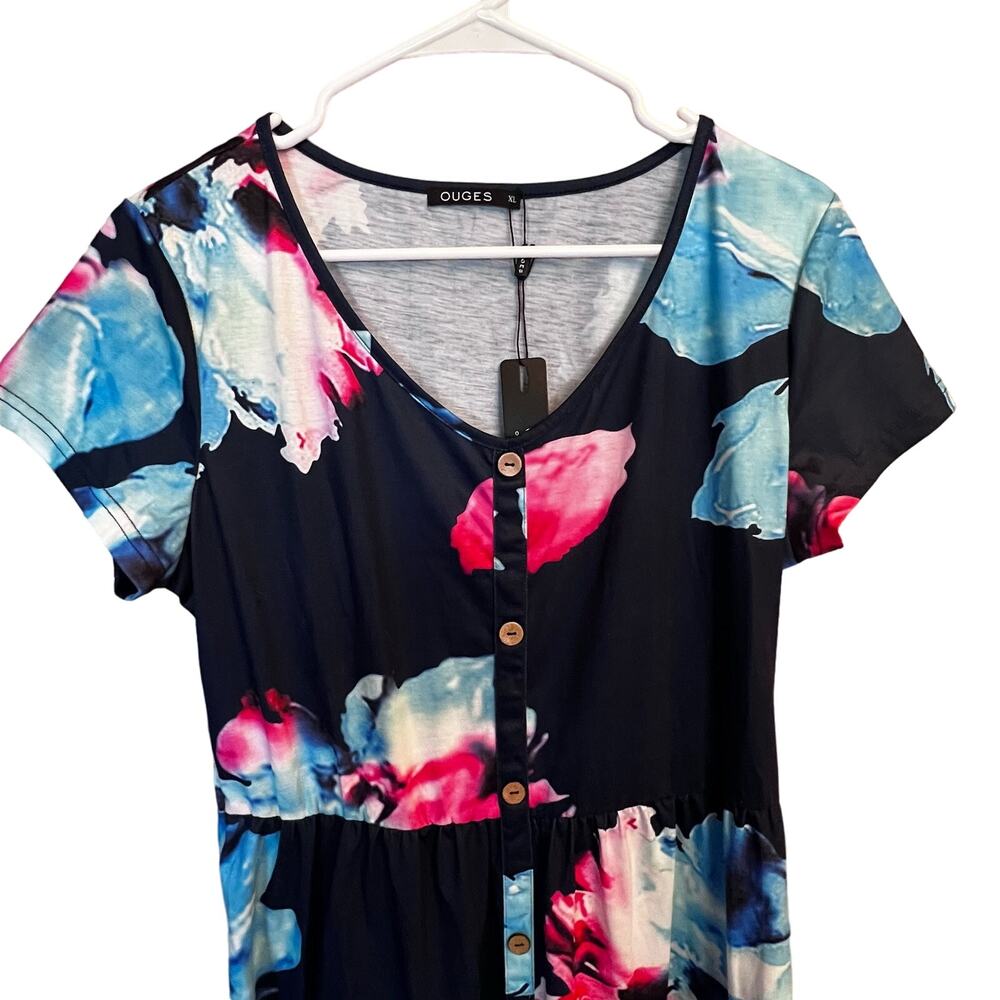 NWT OUGES Women's V Neck Floral Button Down Skater Dress with Pockets XL - Picture 3 of 10